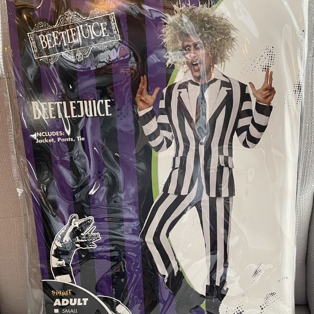New Adult XL Beetlejuice Halloween Costume Original Jacket Pants Tie Wig